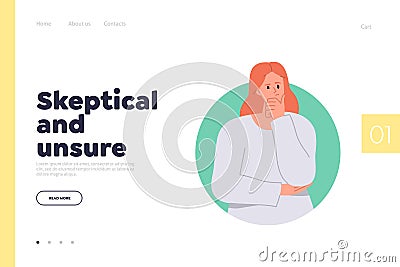 Skeptical and unsure landing page with flat cartoon pensive woman character frowning face portrait Vector Illustration