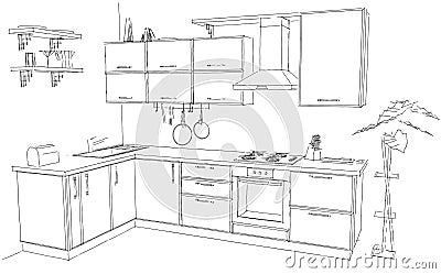 Sketch abstract outline drawing of modern corner kitchen interior black and white Cartoon Illustration