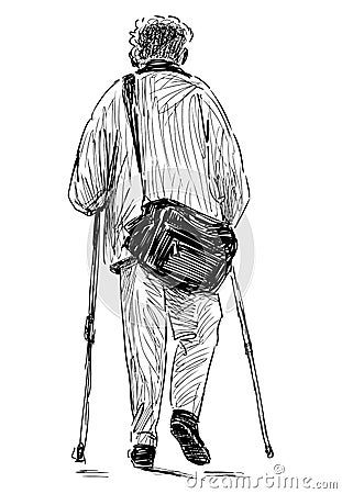 Sketch of active elderly man doing Nordic walking with sticks Vector Illustration