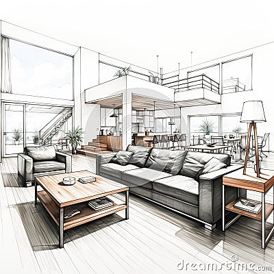 Sketch of an American modern style living room, a fusion of design and artistic expression Stock Photo