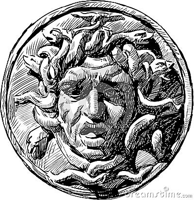 Sketch of architectural detail in form of human face mythological Medusa Gorgon on vintage fence of city garden Vector Illustration