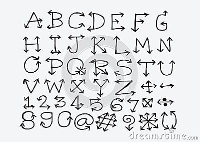 Sketch arrows alphabet , Arrow font A through Z and numbers Stock Photo