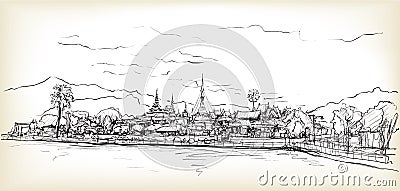 Sketch of asia temple in Thailand, free hand draw illustration Vector Illustration