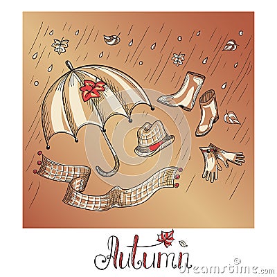 Sketch of autumn clothes and accessories Vector Illustration