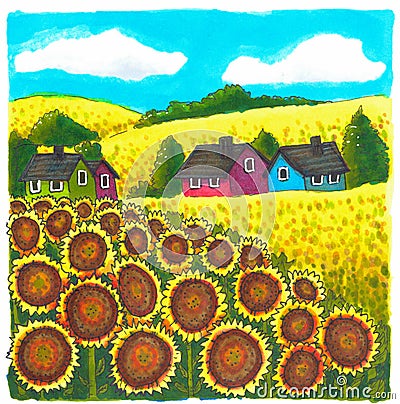 A sketch of an autumn village landscape with a field of sunflowers in the foreground and village houses in the background Stock Photo