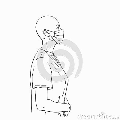 Sketch of bald headed woman in profile wearing medical face mask Vector Illustration