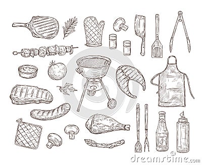 Sketch bbq. Barbeque doodle drawing grill chicken sauce barbecue grilled vegetables fried steak meat roasted sausages Vector Illustration