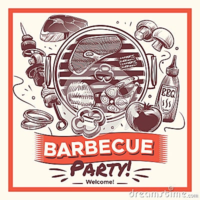 Sketch bbq. Hand drawn barbecue grilled food, ribs and sausages, chicken and steaks, fish and vegetables. Vintage poster Vector Illustration