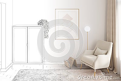 The sketch becomes a real bright modern room with a vertical poster between a bookcase, a cozy armchair with a lamp. Stock Photo