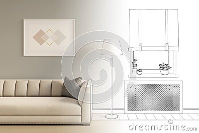 The sketch becomes a real cozy bright room with plants on the window, window blinds, heating screen, horizontal poster. Stock Photo