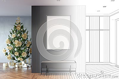 The sketch becomes a real entrance hallway with a vertical mockup poster in a metal frame over a gray pouf. Christmas tree with gi Stock Photo