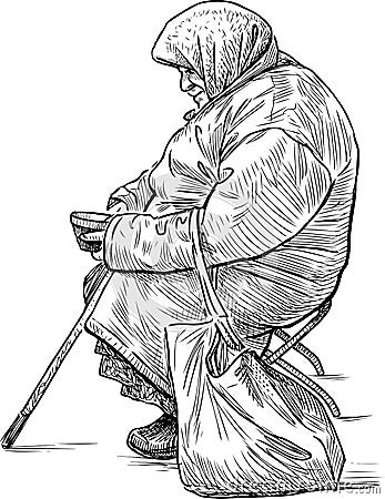 Sketch of beggar old woman sitting on the street and collecting alms Vector Illustration