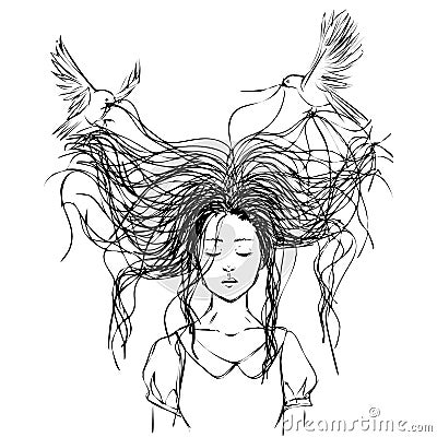 Birds flying around tousled hair of sad girl with closed eyes Vector Illustration