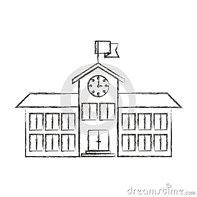 Sketch blurred silhouette image high school structure with clock and flag Vector Illustration