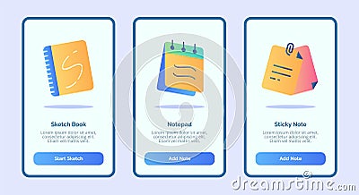 Sketch book notepad sticky note for mobile apps template banner page UI with three variations modern flat color style Vector Illustration