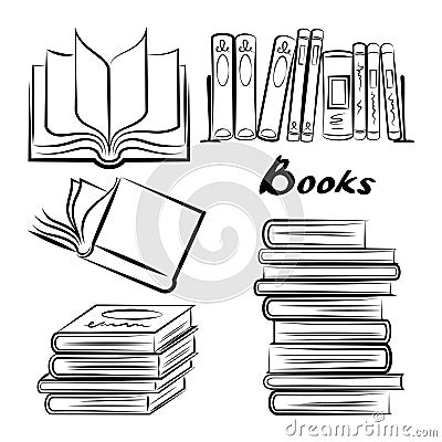 Sketch of books. Hand drawn books set. Opened and closed books. Vector Illustration