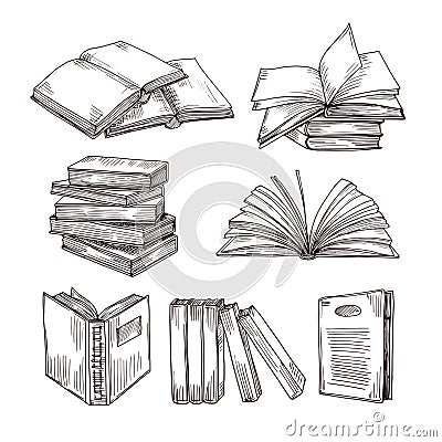 Sketch books. Ink drawing vintage open book and books pile. School education and library doodle vector symbols Vector Illustration