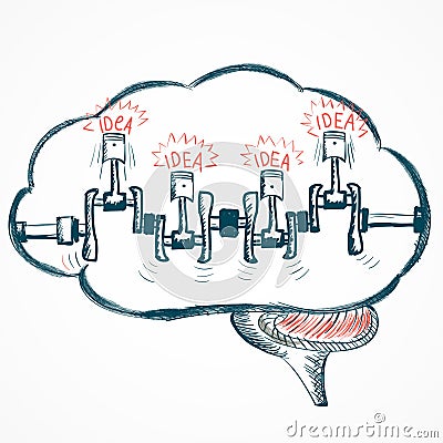 Sketch brain with engine and ideas. Vector Illustration