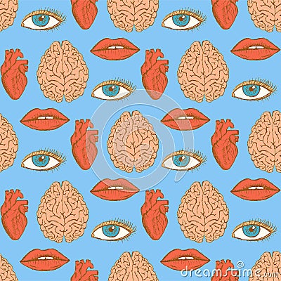 Sketch brain, heart, lips, eye in vintage style Vector Illustration