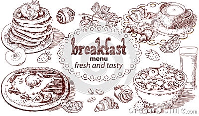 Sketch breakfast menu. Vector Illustration