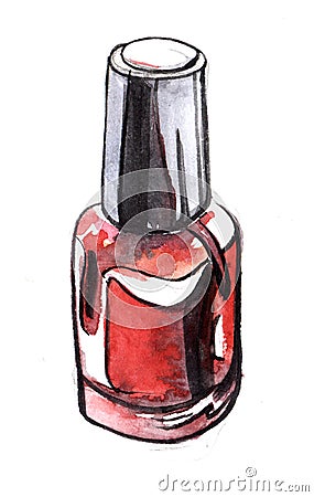 Sketch of bubble red nail polish. Real watercolor. hand drawn il Cartoon Illustration