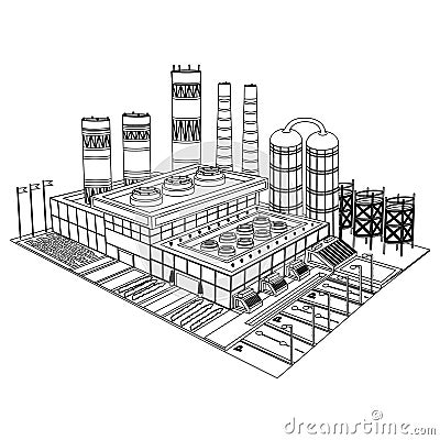 Sketch building of factory or plant with smokestacks yards tank and buildings Vector Illustration