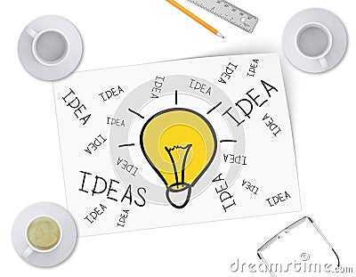 Sketch bulb on white sheet of paper. Full and Stock Photo