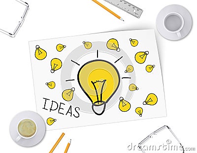 Sketch bulb on white sheet of paper. Full and Stock Photo