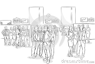 Sketch Businesspeople Crowd Office Interior Business Team Hand Drawn People Vector Illustration