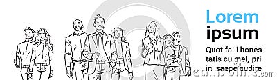 Sketch businesspeople team looking up on white background, leader in front of team of successful executives, portrait Vector Illustration