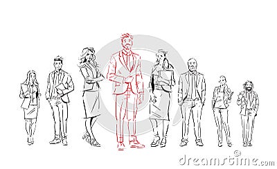 Sketch businesspeople team stay on white background, leader in front of team of successful executives, full length group Vector Illustration