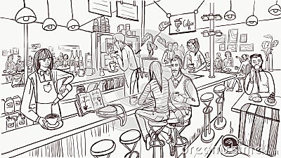 Cafe interior and people in sketch style. Modern cafe concept. Vector illustration. Vector Illustration