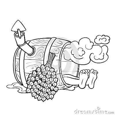 Sketch caricatures, a man steams inside a barrel near a stot birch broom, isolated object on a white background vector Vector Illustration