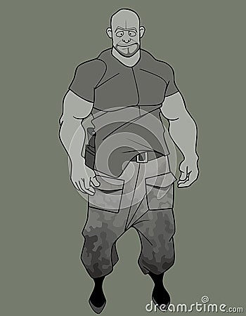 Sketch of a cartoon funny brutal muscular man in camouflage pants Vector Illustration