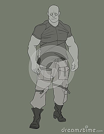 Sketch of a cartoon funny brutal muscular man in military clothes Vector Illustration