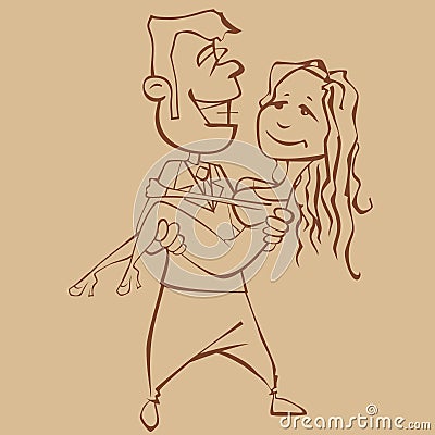 Sketch of a cartoon joyful man who carries a contented woman Vector Illustration