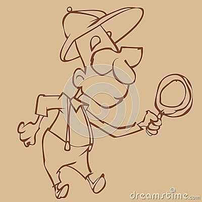 Sketch of a cartoon male naturalist biologist looking through a magnifying glass Vector Illustration