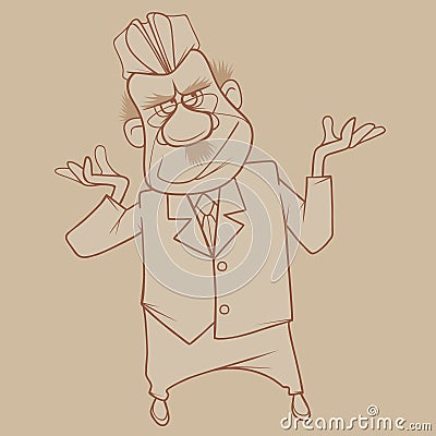Sketch of a cartoon serious man in a suit with a garrison cap gesturing with his hands Vector Illustration