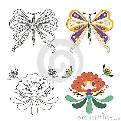 Sketch of cartoons monochrome and coloring flowers and butterfly stock vector illustration clipart for coloring page Vector Illustration