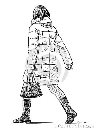 Sketch of casual city woman with handbag striding along street Vector Illustration