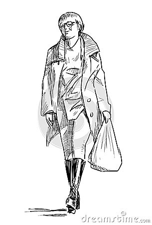 Sketch of casual townswoman in eyeglasses walking with purchases along street Vector Illustration