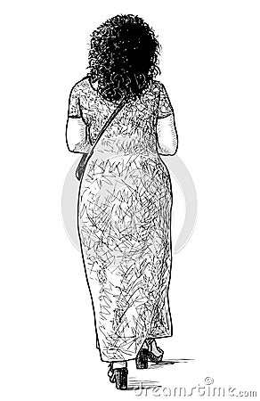 Freehand drawing of casual townswoman in long dress walking outdoors Vector Illustration