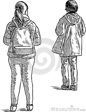 Sketch of casual townswomen standing and waiting on a bus stop Vector Illustration