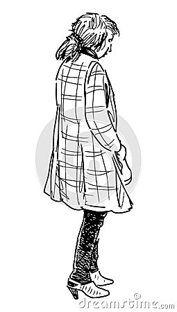 Sketch of casual young fashionable city woman standing alone outdoor in waiting Vector Illustration