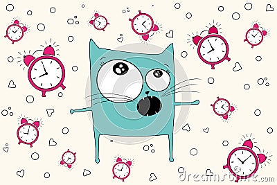 Sketch of a cat drawn in vector wake up in the morning did not get enough sleep due to insomnia with an alarm clock Stock Photo