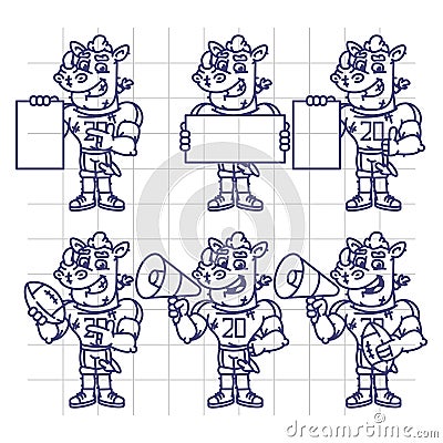 Sketch Character Set Rhino Football Player Holds Megaphone Ball Vector Illustration