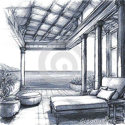 Cozy Mediterranean Villa Sketch Cartoon Illustration