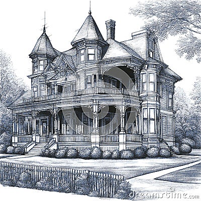 Sketch of a charming Victorian mansion Stock Photo