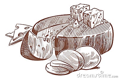 Sketch cheese. Art compositions with different types cheeses, whole, half and slices, maasdam and gouda, mozzarella and Vector Illustration