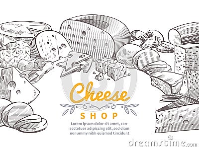 Sketch cheese background. Tasty cheeses brie, feta and parmesan slices gourmet snacks. Doodle sketch vintage vector Vector Illustration